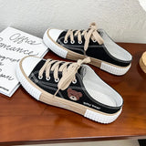 Women Cute Bear Canvas Shoes New Flat Casual All-match Half Slippers Korean Version Trend Lace Up Ladies Vulcanized