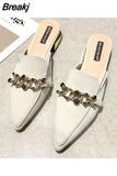 Muller Slippers Pointed ToeMetal Chain Fashion Office Ladies Shoes High Heels Low Heel Slippers Women's Shoes Summer