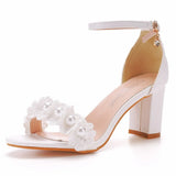 Queen White Lace Pearl Women Summer Shoes Strap Square Party Dress Sandals Bride Evening Formal High
