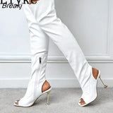 White Leather Thigh High Over The Knee Boots Sexy Open Toe Stripper Heels Booties Fashion Zip Motorcycle Shoes Women