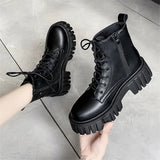 Chunky Platform Ankle Boots Women Pu Leather Square Heels Combat Boots Woman Lace Up White Black Short Booties