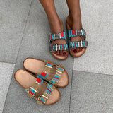 Designer New Retro Ethnic Style Gold Buckle Spot Drill Decorative Hollow Open Toe Women Slippers Flat woman 2023
