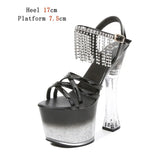 2023 New Platform Sandals Women Summer Sexy Square Heel Cross Belt High Heels 17cm Bling Ladies Strip Pole Dance