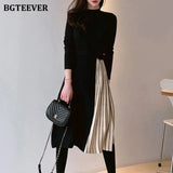 Stylish Half Turtleneck Women Sweater Dress Long Sleeve Slim Belted Female Patchwork Pleated Dress Knitted