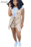 Striped Print Two Piece Set Women Sleeveless Blazer Coat And Sashes Pants Outfits Office Lady Elegant Work 2pcs