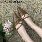 Pointed Toe Flat Heel Mules Shoes Women Closed Toe Outdoor Slippers Elegant Slide Narrow Band Sandal Brand Rivet
