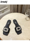 Jewel Slides Women Shoes Open Toe Flat Heels Slip On Mules Crystal Slippers Brand Rhinestone Square Buckle Sandals
