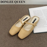 Brand Slippers Women Square Toe Slip On Mules Shoes Fashion Mary Janes Flats Heel Ladies Slides Female Spring Loafers