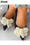 2023 New Fashionable Woman Mules Shoes Pearl Slip-on Low Heels Pointed Toe Ladies Pumps Butterfly-knot Woman