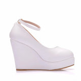 Queen White Platform Pumps Summer Women Lace Flower A Word Strap Large Size Wedding Wedges