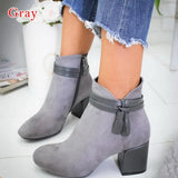 Red Tassel Ankle Shoes Women's Shoes Single Boots Autumn Winter Pointed Toe Thick with Short