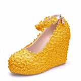 Queen Wedges Wedding Pumps Sweet White Flower Lace Pearl Platform Shoes Bride Dress High