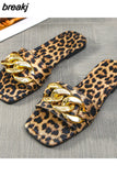 Size 35-43 Flat Leopard Women'S Slippers New European American Metal Chain Square Toe Flat Shoes Women'S Sandals