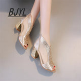 High-heeled Sandals Women Summer Thick-heeled Fish Mouth Large Size Mesh Breathable Women's Rhinestone Back Zipper