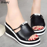 Women Slipper Sandals Heels Wedges Platform Leather Peep toe Crystal Elegant Female Sandals Ladies Mules 2 Summer