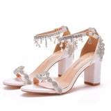 Queen Women High Heels Rhinestone Wedding Bridal Sandals Prom Elegant Stripper Satin Strap