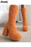 New Pink White Platform Women Knee-high Boots 2023 Winter Warm Plush Flock Gothic Style Chunky Heel Punk Women Shoes