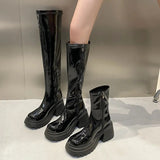Platform Long Boots Women Patent Leather Thick High Heels Punk Shoes Woman 2023 Autumn Winter Short Plush Knee High