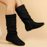 Breakj Mid-Size Boots Women 2024 Autumn And Winter Pure Color Velvet West Knight Boots Round Head Flat And Pile