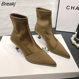 Winter Women Socks Boots Fashion Ladies Thin High Heel Pointed Toe Elastic Ankle Boots Slip On Female Short