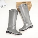 New Women Motorcycle Booties Belt Strap Metal Shark Lock Flat Heel Knee High Boots Woman Shoes Genuine Leather Botas