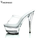 New Slides Female Model T Stage Catwalk Sexy Crystal Shoes 15cm High with Transparent Platforms Thick Soles