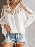 Casual Loose Blouse Fashion Solid Lantern Sleeve Ladies Commuter Shirt Summer Sexy Perspective Lace Stitching Chiffon Shirt
