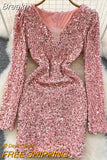 Sexy Women Sequins Glittering Mini Party Dress Elegant Mesh Patchwork V-neck Long Sleeve Slim Bodycon Club Velvet