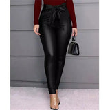Leggings PU Leather High Waisted Pants Stretchy Bowknot Skinny Pencil Trousers Bow Womens Pants Black Wine Red