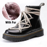 Boots Platform Genuine Leather Lace-up Chunky Motorcycle Ankle Boots Female Winter Shoes Woman Punk Booties Botas