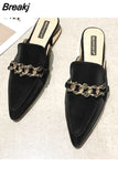 Muller Slippers Pointed ToeMetal Chain Fashion Office Ladies Shoes High Heels Low Heel Slippers Women's Shoes Summer