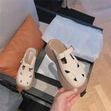 Heels Shoes Woman 2023 Slippers Flat Cover Toe Low Platform Pantofle New Retro PU Fabric Basic Rome Rubber