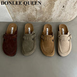 New Spring Suede Flats Close Toe Slippers Women Flat Thick Bottom Mules Shoes Fashion Outdoor Slides Retro Britain