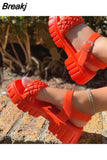 Ladies Leather Sandals 2023 New Summer Rhombus Plaid Sandals Casual Buckle Flat Platform Platform Sandals for