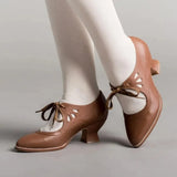 Retro Mary Jane Pumps Woman Vintage Lace Up Low Heel Dress Zapatos Ladies Brand Design Butterfly Wing Derby Shoes Plus