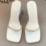 PVC Jelly Slippers Female Mules Slides Women Chain Designer Transparent Perspex High Heels Sandals Summer Clear Shoes