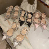 Pointed Toe Rhinestone Pumps Women Crystal Ankle Strap High Heels Sandals Female 2023 Summer Silk Satin Wedding Shoes