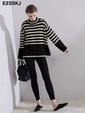 striped oversize Turtleneck Sweater for Women female Knitted casual split side Long Sleeve loose