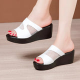 Heel Slope Sandals For Women In 2023 Summer New Style Muffin Thick Bottom Waterproof Table Hollowed-Out Net Gauze Lacquer Leather Wearing Sandals And