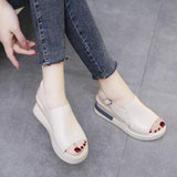 Summer Women Wedge Heeled Pu Leather Sandals Cross Strap Korean Style Casual Shoes Ladies Open Toe Solid Buckle