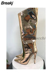 Women's High Boots Gold Silver Pointed Toe Knee-high Boots For Woman Sexy High Heels Party Shoes Ladies Stiletto