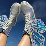Wings Women Shoes Shine Silver Leather Flat Sneakers Lace Up Women's ankle boots high-top Leisure Platform Shoes