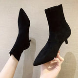 Luxury Women Black Flock Sock Boots Stiletto Thin High Heels Elastic knitting Boots Winter Stretch Fabric Ankle