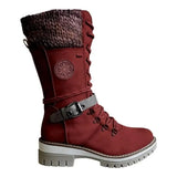 Women Winter Buckle Lace Knitted Mid-calf Boots Low Heel Round Toe Boots Top Quality Winter Warm Boots Women Botas De