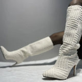 New Pointed Toe Warm Towel Boots Women's Autumn and Winter High-heeled Sleeve Large Size Boots Nude Boots Fur