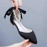 Breakj Cm Flat Tip Hollow Sandals Low Heel White Ribbon Wedding