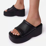Platform Slippers for Women Square Toe PU Leather Wedge Sandals Woman Summer 2022 Thick Bottom Female Flip