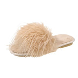 2023 Korean Version Of The New Flat-Bottomed Woolen Slippers Wear Fashionable Flip-Flops, Feathers, Morning Robes And