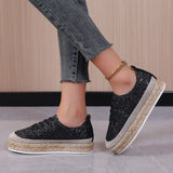 Women Sneakers Woven Gold Sequins Single Shoes Round Head Lace-Up Retro Platform Flats Shoes Light Cozy Walking Vulcanized