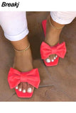Summer Plus Size One-line Solid Color Bow Flat Sandals Outdoor Beach Slippers Elegant Women Shoes